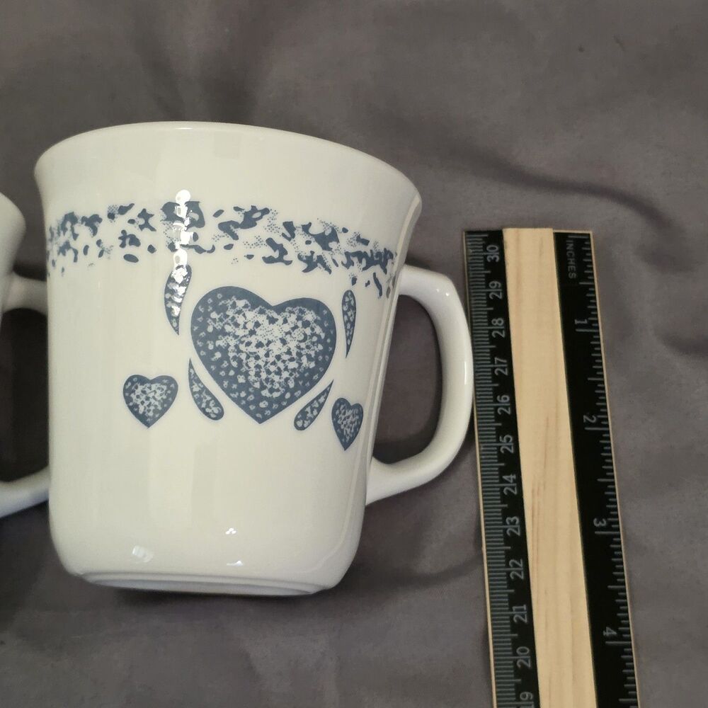 Vintage Corelle Blue Hearts Coffee Tea Mugs Set of 2 Corning Spongeware USA